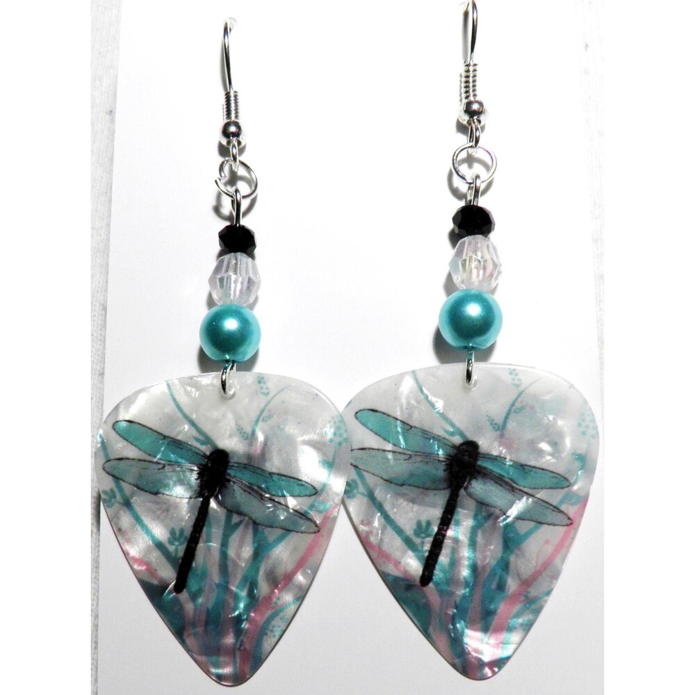Dragonfly on Guitar Pick Beaded Earrings - Handmade in USA New